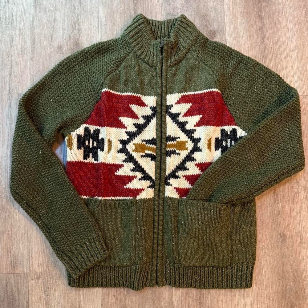 Lucky Brand Olive Green Zip-Up Cardigan with Red and Cream Aztec Panel